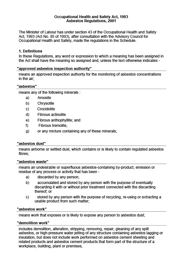 Asbestos Regulations 2001 Cover