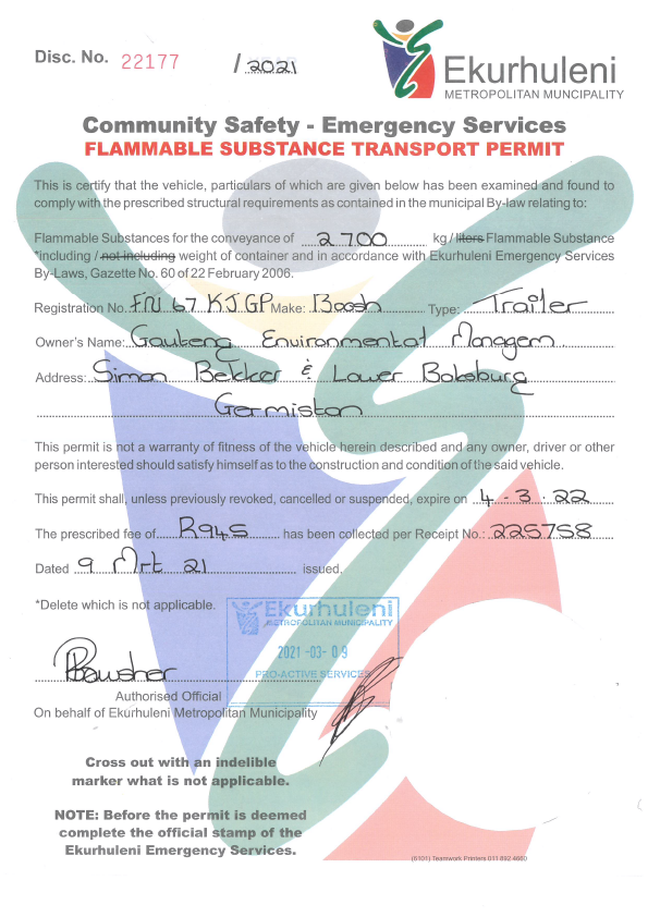 GEM Hazardous Waste Transport Permit Cover