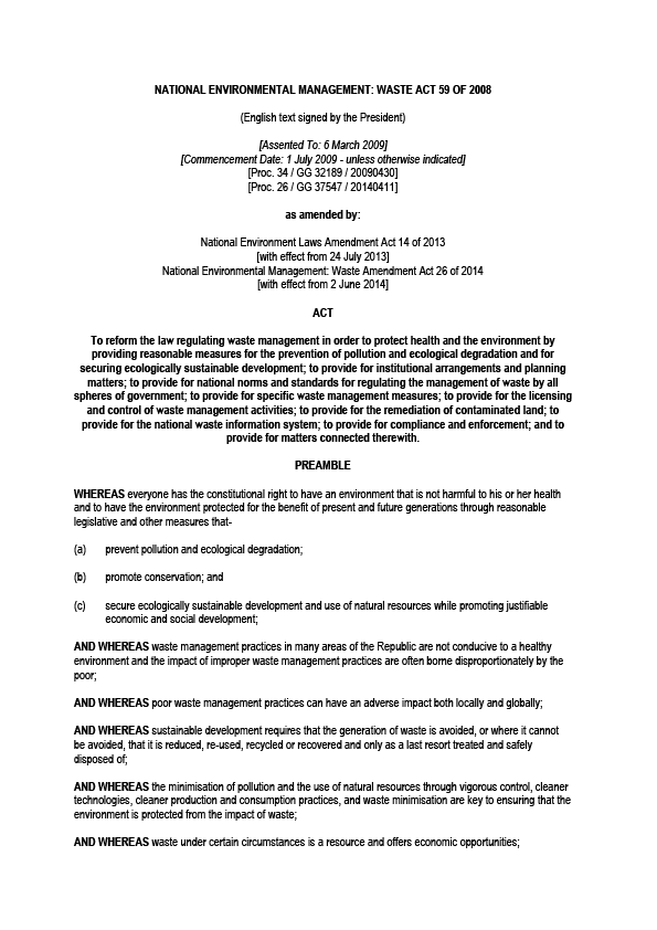 National Environmental Management Waste Act 2008 Cover