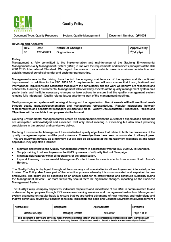 Quality Policy Cover