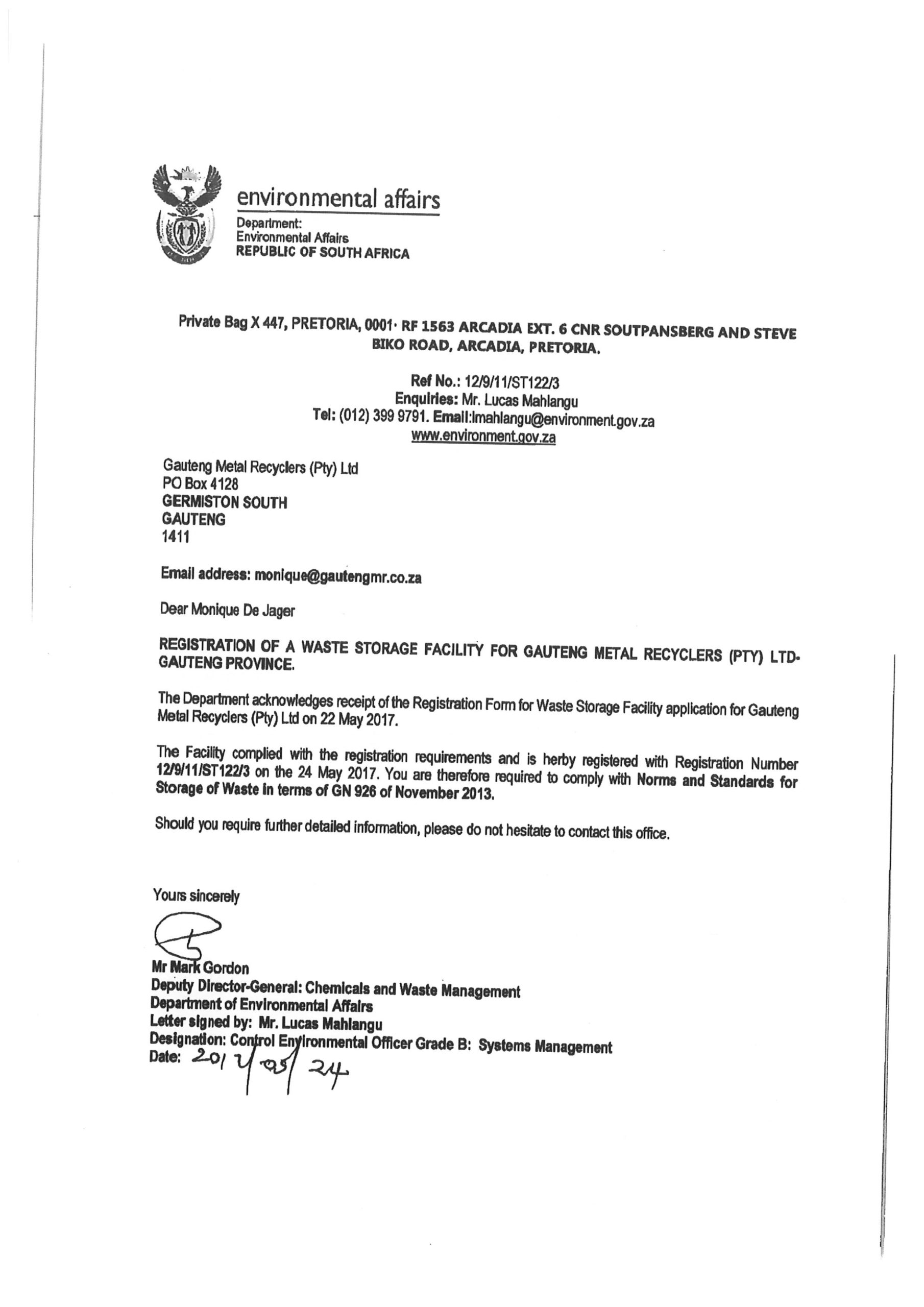 GMR Registration for the Storage of Waste at Operational facility Cover